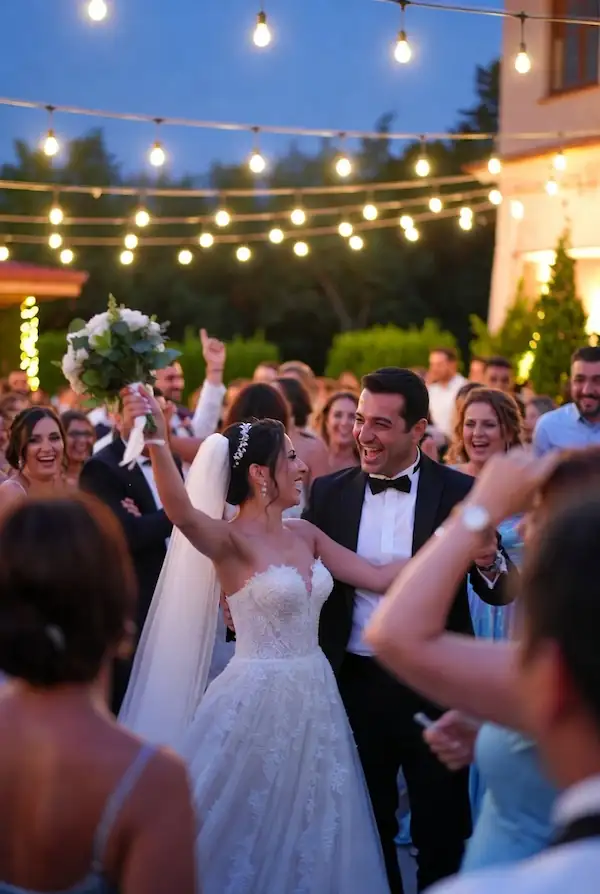Gece düğününde ışıklar altında dans eden davetliler