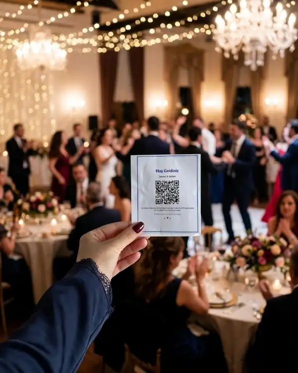Düğün davetlilerinin masadaki QR kodu kullanarak fotoğraf yüklemesi